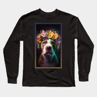 American Staffordshire Terrier Pitbull Vibrant Tropical Flower Tall Digital Oil Painting Portrait  11 Long Sleeve T-Shirt